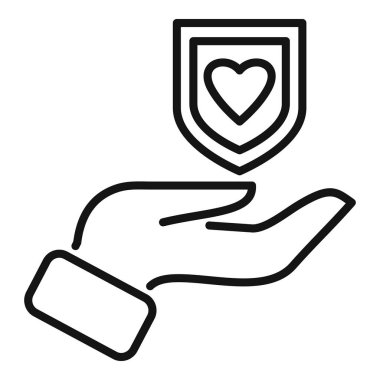 İçinde kalp olan bir kalkanı tutan, sağlık sigortası ve aşk korumasını temsil eden bir elin çizgili sanat simgesi.