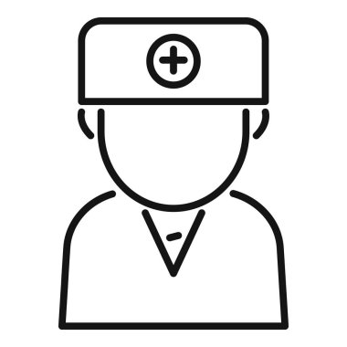 Üniforma giyen bir doktorun, sağlık hizmetleri ve tıp uzmanlarını temsil eden tıbbi haçlı bir şapkanın çizgi ikonu.
