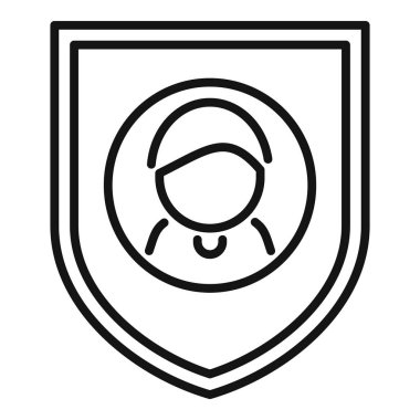 Kalkanın içinde güvenlik ve korumayı temsil eden Müslüman bir kadının çizgi sanat simgesi.