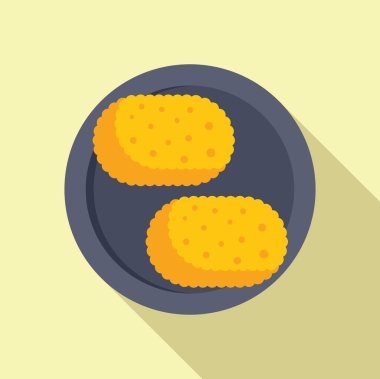 Düz dizayn tarzında, mavi bir tabakta oturan iki tavuk nugget 'ının asgari çizimi