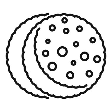 Üç yuvarlak kurabiyeden oluşan çizgi sanat simgesi. Çikolata parçacıkları üst üste yığılmış, beyaz arka planda izole edilmiş.
