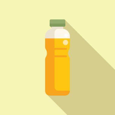 İçinde portakal suyu bulunan plastik bir şişenin yeşil kapaklı, açık sarı arka planda gölgesi olan basit bir illüstrasyon.