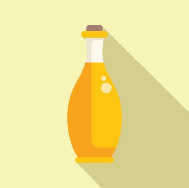 Sarı cam şişe, uzun gölgeli yağ çizimi içeriyor.