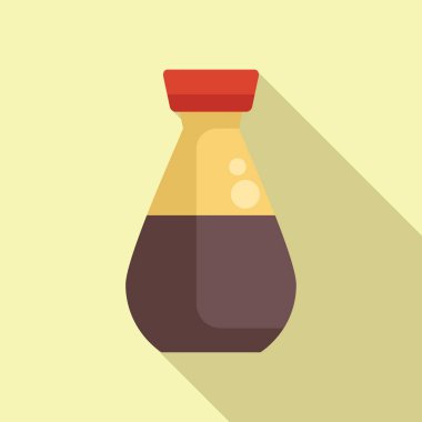 Bir şişe soya sosu açık sarı arka planda duruyor, uzun bir gölge bırakıyor.