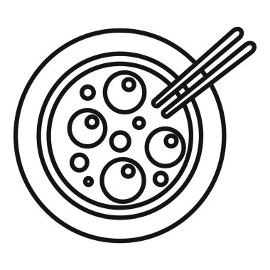 Basit siyah-beyaz çizgili, yemek çubuklarıyla bir kase Asya çorbası çizimi.