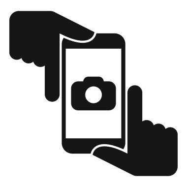 Akıllı telefonu tutan ve fotoğraf çeken iki el, basit bir ikon çizimi