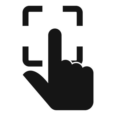 Parmak izi taraması için işaret parmağı dijital ekrana dokunan siyah bir elin silüeti.