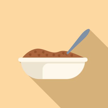 Kahverengi yiyeceklerle dolu beyaz bir kâse ve tepesinde dinlenen bir kaşık resmi. Sağlıklı bir yemek veya atıştırmalık tasvir etmek için mükemmel.