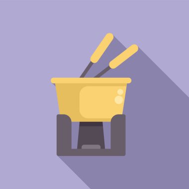 Sarı fondü tenceresi yanan bir sobanın üzerinde, iki çatalla peyniri içine daldırmak için duruyor.