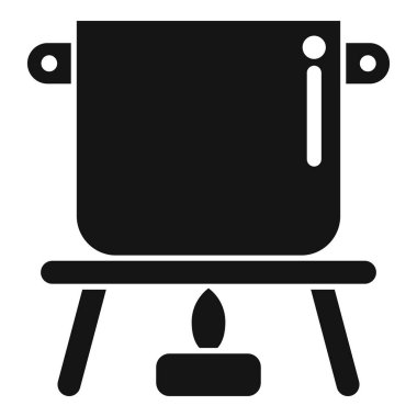 Siyah siluet simgesi, beyaz arka planda izole edilmiş, üç ayaklı bir araçta yanan bir kamp tenceresi.