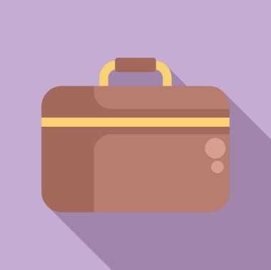 Sarı aksanlı kahverengi deri bavul, mor arka planda düz duruyor. Seyahat ya da iş yeri olabilir.