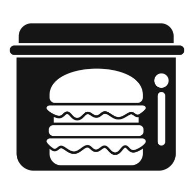 Çift burger için siyah kabartma simgesi bilgi işaretiyle mikrodalgada ısıtılıyor