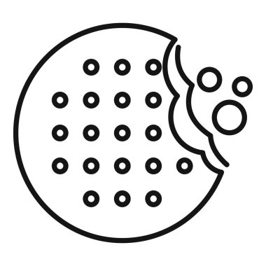 Yuvarlak bir kurabiyenin çizgili sanat simgesi. İçinden bir ısırık alınmış ve kırıntılar düşmüş.