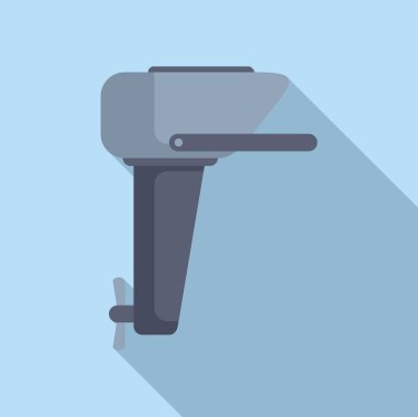 Açık mavi arka planda asılı tekne motoru, küçük tekneleri itmek için güçlü bir motorun basit düz tasarımı