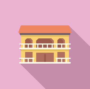 Balkonlu karikatür iki katlı bina sağlam bir arka plana uzun bir gölge düşürüyor.