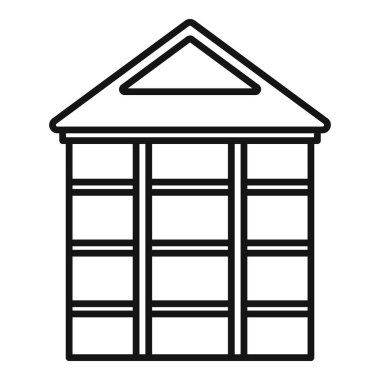 Depo binasının ön cephesinin basit siyah beyaz simgesi. Depo ve lojistik için büyük pencereleri var.