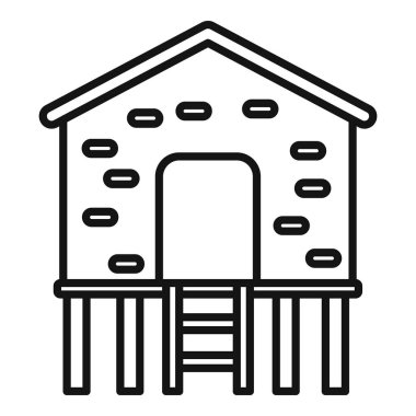 Tahta sütunlarda merdiveni olan stilt bir evin çizgi çizimi.