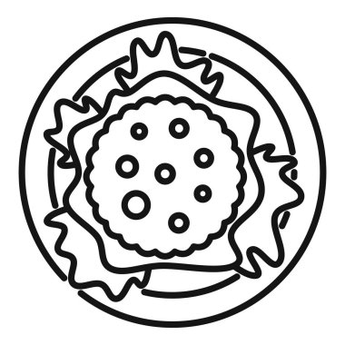 Marul tabağında servis edilen yuvarlak pirzola çizimi, minimalist simge tarzı.