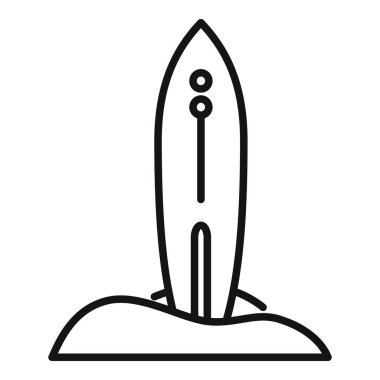 Sörf tahtasının çizgili sanat simgesi. Kumda dimdik duruyor. Sörf ve sahil hayatını temsil ediyor.