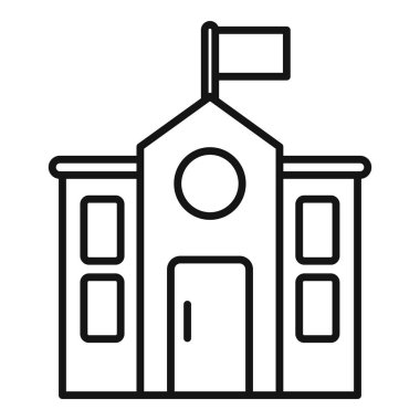 Üniversite binasının ön cephesinde çatıda bayrak sallayan basit bir çizgi sanat simgesi