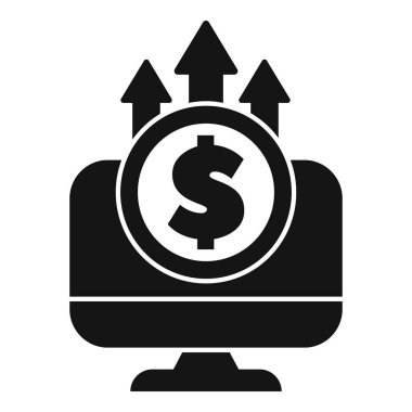 Dolar işareti ile bilgisayar ekranının siyah beyaz simgesi ve çevrimiçi başarılı bir işi temsil eden üç ok.