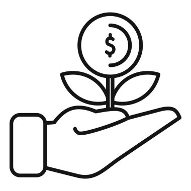 Çiçeği için madeni parası olan küçük bir bitkiyi tutan bir el çizimi iş büyümesini temsil ediyor.