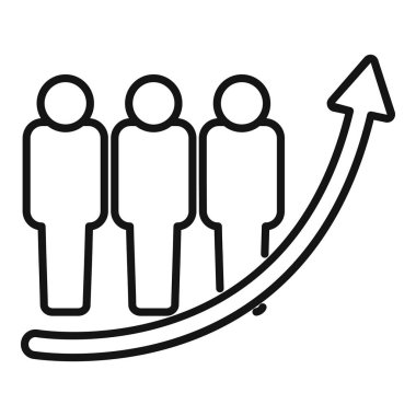 Büyüyen bir ok grafiğinde yer alan üç iş adamının çizgisi sanat simgesi, iş başarısını temsil ediyor.