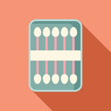 Turkuaz plastik kutuda on tane kulak çubuğu ve uzun bir gölgeyle şeftali arka planında dinlenen kulakları temizlemek için pembe saplar var.