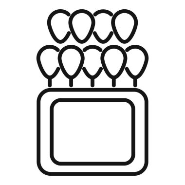 Ağ ve mobil için ince çizgi üzerine balon simgesi olan kare doğum günü pastası, modern minimalist düz tasarım