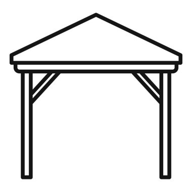 Üçgen çatılı ahşap bir çardağın basit çizgi simgesi, açık havada rahatlamayı temsil etmek için ideal.