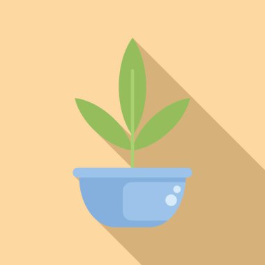 Bej arka planda uzun gölgesi olan mavi bir tencerede büyüyen küçük bir bitki.