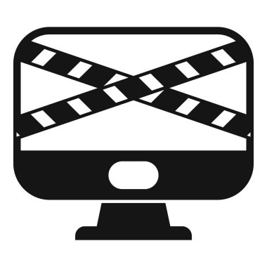 Bir bilgisayar ekranının siyah beyaz simgesi çevrimiçi güvenlik ihlalini temsil eden iki güvenlik şeridiyle kesişiyor.