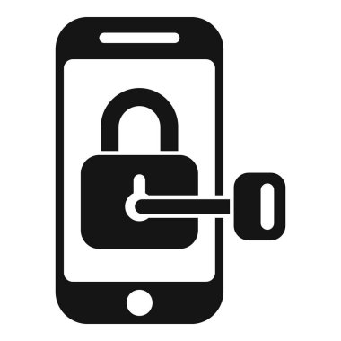 Akıllı telefon güvenlik sisteminin siyah beyaz simgesi bir asma kilidi açan anahtarı gösteriyor