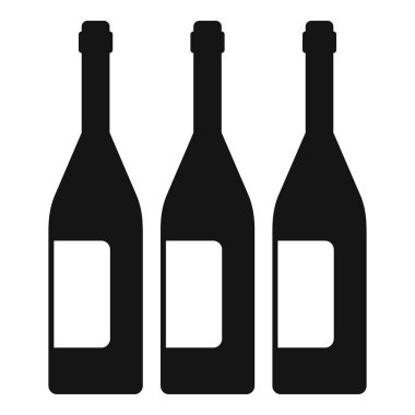 Üç siyah şarap şişesi yan yana duruyor. Yanında boş etiketler var. Damgalamanız veya mesajınız için hazır.