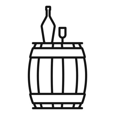 Bir şarap fıçısının minimalist sanat simgesi üzerinde bir şişe ve bardakla ayakta duruyor.