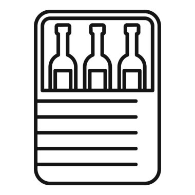 Bir kutuya konmuş, nakil ya da teslimat için hazırlanmış üç şarap şişesinin çizimi.