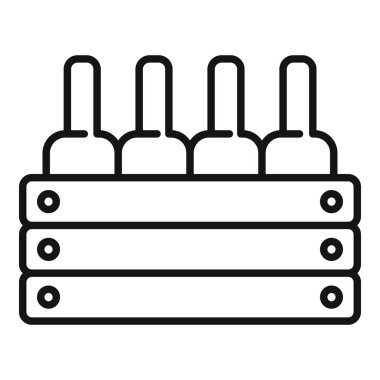 Ahşap bir sandıkta duran ve nakliyeye ya da depolanmaya hazır cam şarap şişelerinin çizimi.