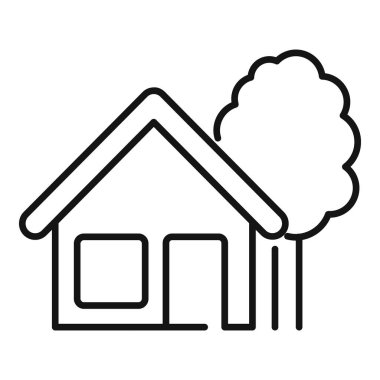 Ağaçlı bir evin basit siyah beyaz çizimi, ev kavramını temsil etmek için mükemmel.