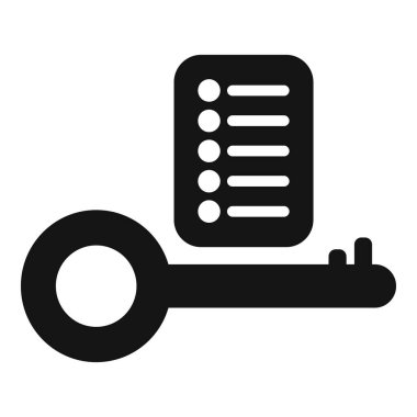 Bir anahtarın siyah siluet simgesi bir kontrol listesinin kilidini açıyor, çözümleri sembolize ediyor ve zorlukların üstesinden geliyor