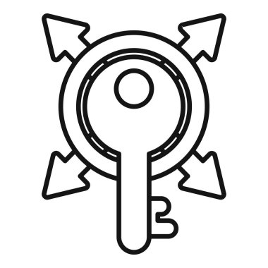 Çemberin içindeki bir anahtarın çizgi çizimi. Her yöne bakan oklar erişimi ve çözümleri sembolize ediyor.