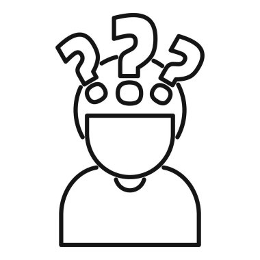 Kafasında soru işaretleri olan bir kişinin çizgi çizimi kafa karışıklığını ya da merakı simgeliyor.