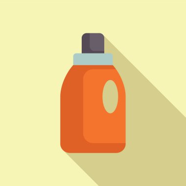 Açık sarı arka planda duran siyah kapaklı turuncu plastik deterjan şişesi.