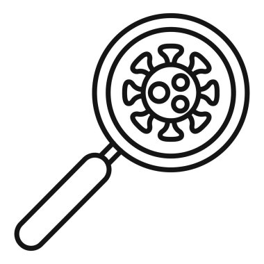 Koronavirüs molekülüne odaklanan bir büyüteçin çizgi sanat simgesi, virüsün bilimsel çalışmasını temsil ediyor.