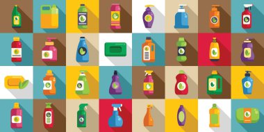 Çevre dostu temizlik ürünleri simgeleri ayarlandı. Çevre dostu temizlik ürünleri modeli doğal ve sürdürülebilir bir konsept göstermektedir