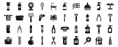 Hayvan bakım ikonları seti. Hayvan bakım ekipmanları yıkama, fırçalama ve hayvanları kurutma için kullanılır.