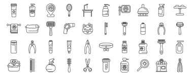 Hayvan bakım ikonları seti. Hayvan bakımında kullanılan çeşitli araç ve ürünleri temsil eden çizgi simgelerinin toplanması