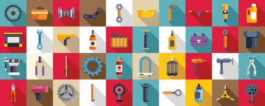 Bisiklet tamiri ve bakım atölyesi simgeleri ayarlandı. Uzun gölgeli düz stil bisiklet tamir araçları ve ekipman simgeleri büyük set