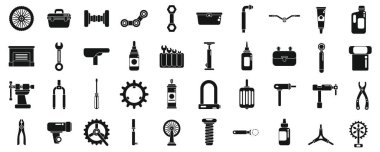 Bisiklet tamiri ve bakım atölyesi simgeleri ayarlandı. Bisiklet tamirinde kullanılan farklı bisiklet parçalarını, araçları ve aksesuarları temsil eden siyah simgeler kümesi