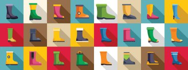 Çizme simgeleri ayarlandı. Renkli lastik koleksiyonu ve su geçirmez botlar. Farklı türde korumalar. Bahçe işleri veya açık havada çalışmak için mükemmel.