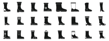 Çizme simgeleri ayarlandı. Farklı lastik çizme stilleri sunularak, çeşitli mesleklerde ve açık hava faaliyetlerinde kullanımları vurgulanmaktadır.